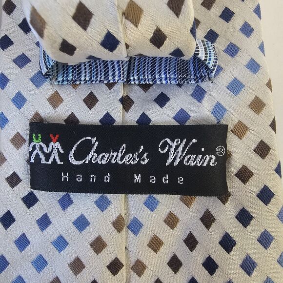 Mens Charles Wain Hand Made Silk Tie Cream Blue Hues Casual Preppy  R0337 - Picture 5 of 7